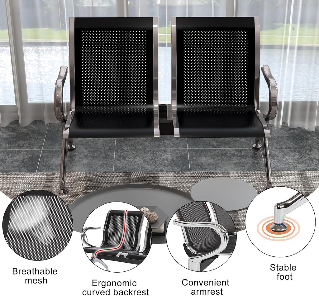 kinbor Waiting Room Chairs - Black Waiting Room Bench Set of 2, Office Guest Reception Chairs with Back, Lobby Bench Seat for Offices Airports Clinics Salons