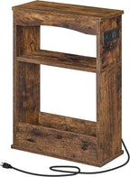 YATINEY Narrow Side Table, Wooden Skinny End Table, Slim Nightstand | Charging Station, 3-Tier Storage Shelves, Small Space