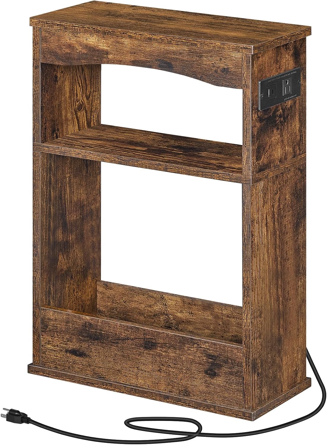 YATINEY Narrow Side Table, Wooden Skinny End Table, Slim Nightstand | Charging Station, 3-Tier Storage Shelves, Small Space