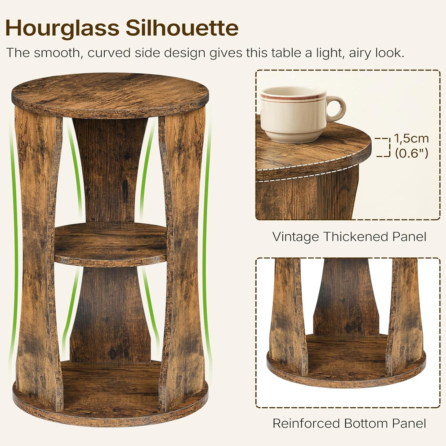 YATINEY Round Side Table, 3-Tier Wooden End Table with Storage Shelves, Accent Table for Small Spaces, Nightstand for Living Room, Bedroom, Rustic Brown ET15BR