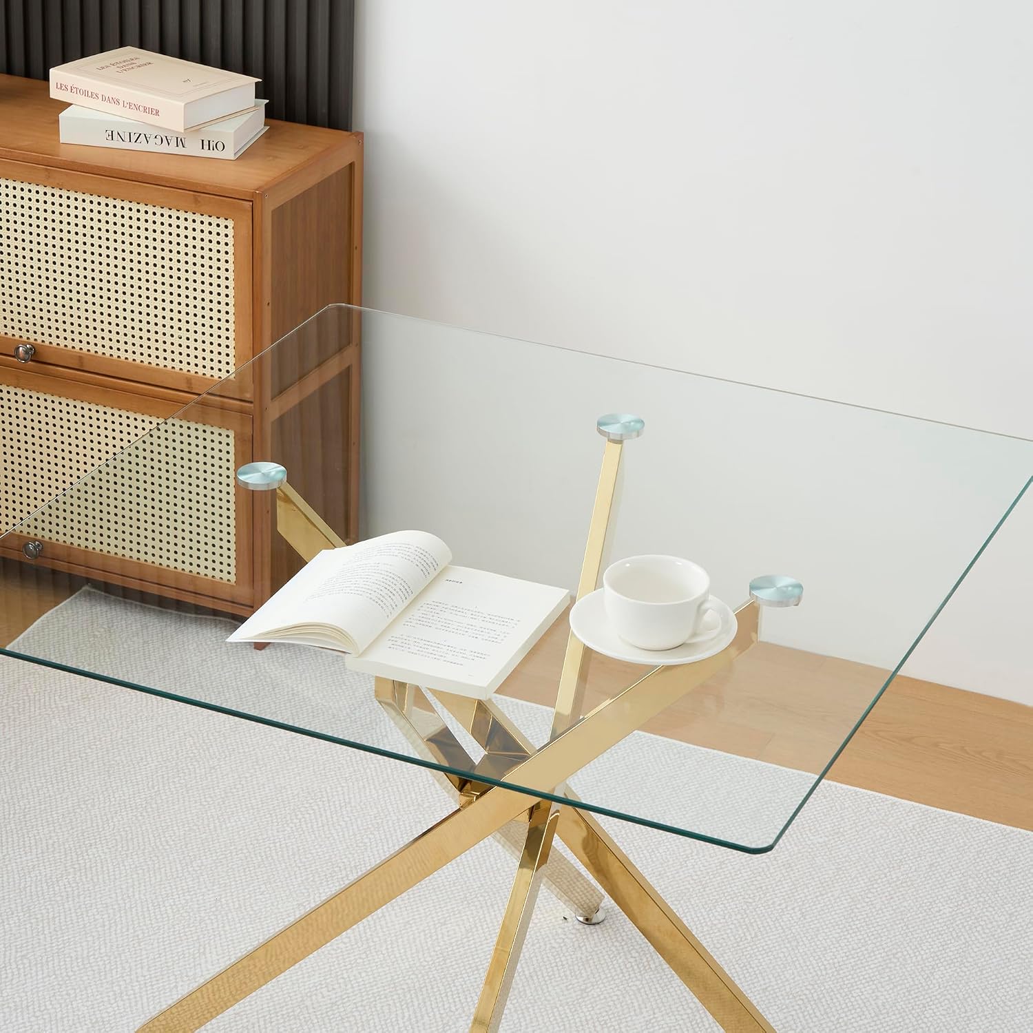 Henf 36'' Tempered Glass Dining Table for 2-4 People, Square Kitchen Table with Gold X-Base Metal Legs, Adjustable Feet, Glass Desk for Small Space, Gold Square Dining Room Table for 4
