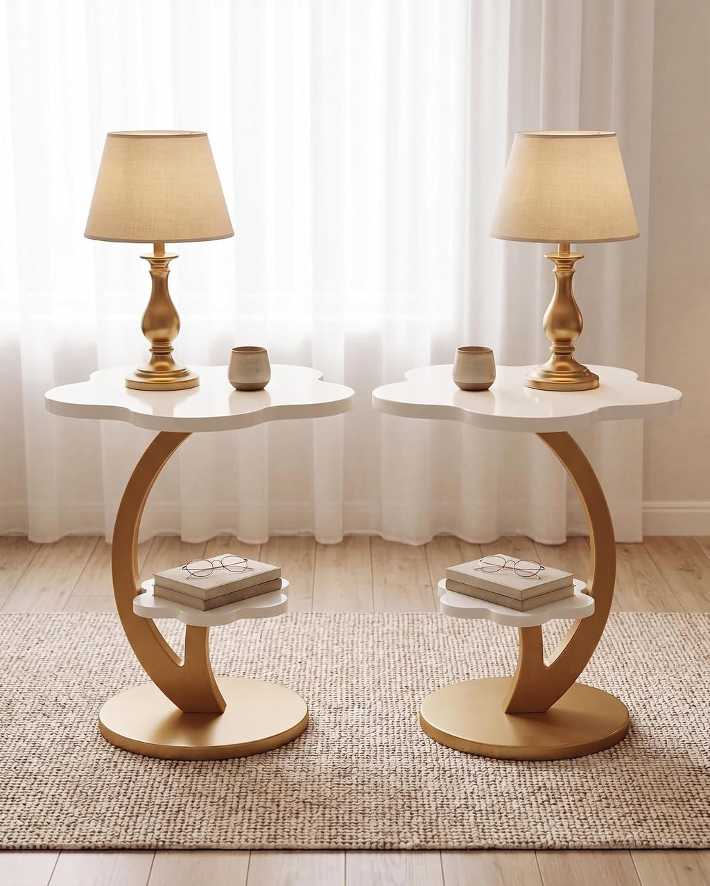 LITTLE TREE End Table, 2-Tier Sofa Side Table, Flower Nightstand with C-Shaped Gold Frame, Modern Luxury Accent Table for Living Room, Bedroom, Small Spaces, Easy Assembly, Glossy Gold + White, 2 PCS