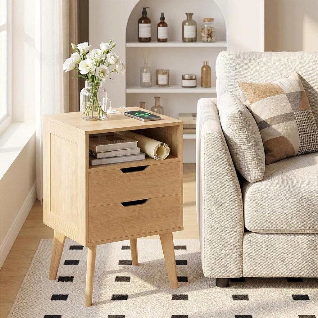 MAHANCRIS Nightstand with Charging Station and Modern Bedside Table Bundle, Natural End Table with Storage Drawers, Open Storage, Night Stand with Solid Wood Legs, for Bedroom, ETNA61E01-ETNA69E01
