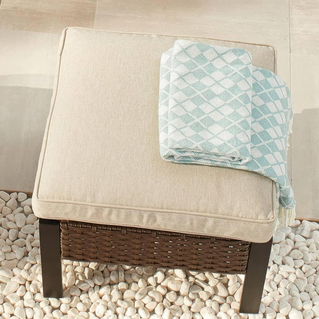 Outdoor Cushioned Ottoman Square Wicker Patio Furniture Ottoman with Beige Cushion Metal Steel Frame