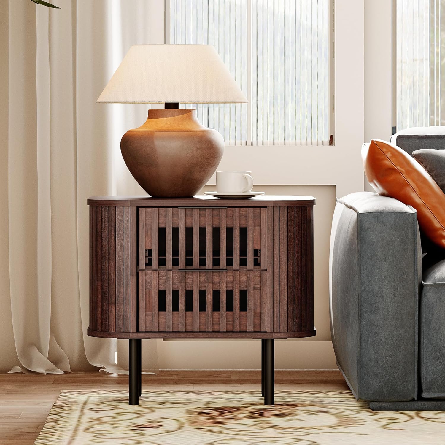 WAMPAT Fluted Nightstand, Modern Wooden End Table with 2 Drawer, Storage Bedside Table for Bedroom and Living Room