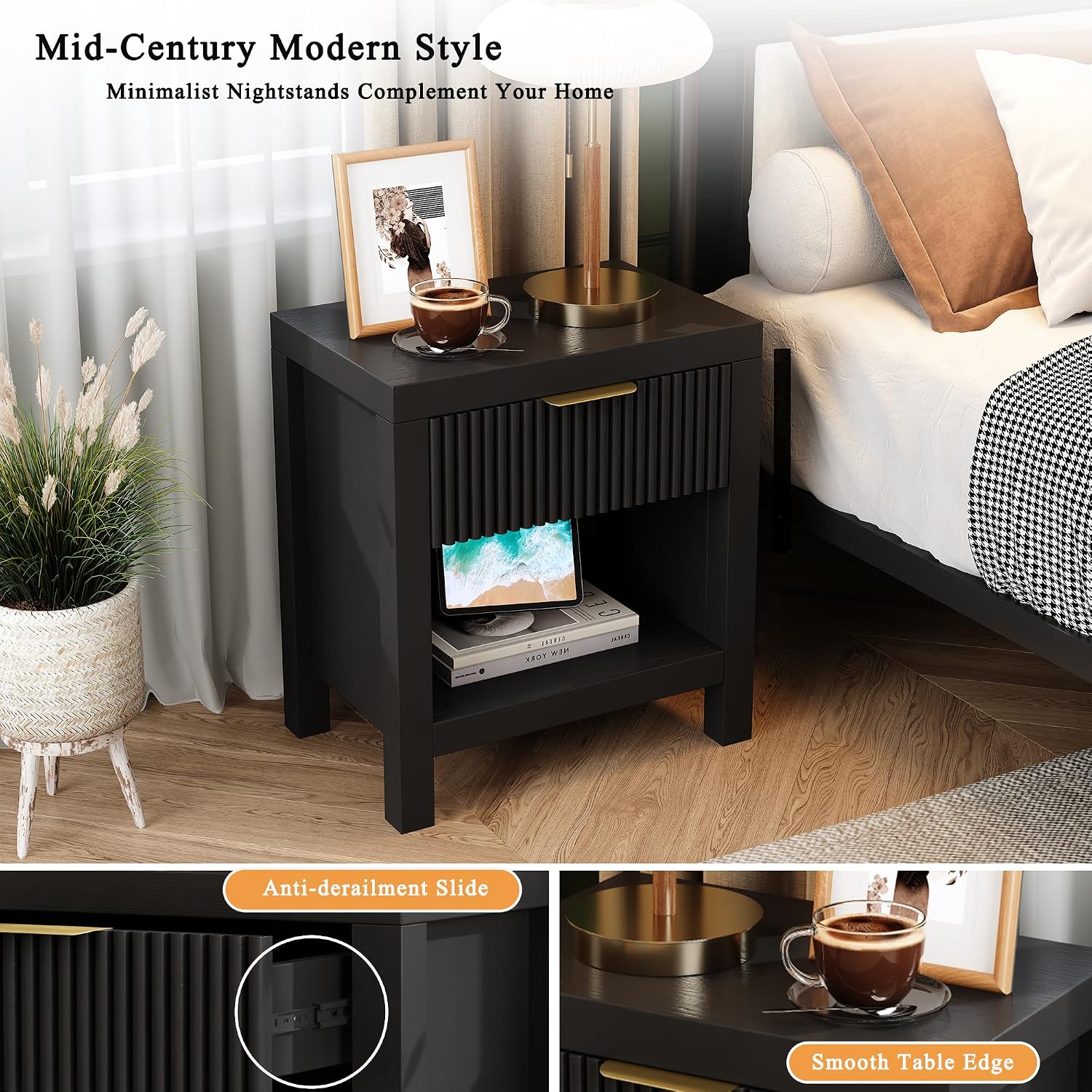 Nightstand Set of 2, Mid Century Modern Wooden Farmhouse Fluted Cabinet Bedside Cabinet, Boho End Table Side Table with Storage Drawer and Open Shelf, for Living Room, Office (Black)