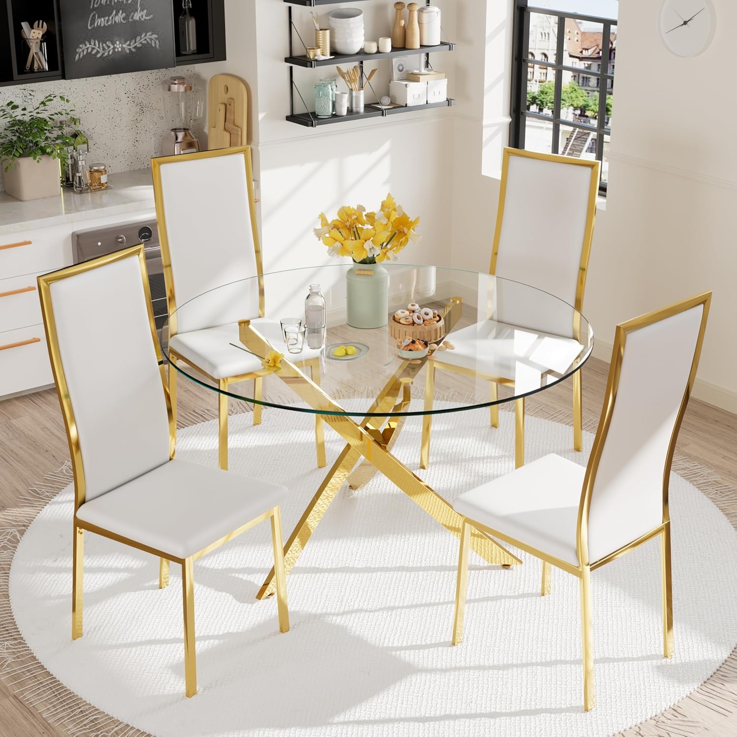 Modern Dining Chairs Set of 4 White Faux Leather with Chrome Gold Metal Legs, Curved High Back Design & Cloud Cushioning, Mid-Century Kitchen Chairs with Non-Slip Feet (Easy Assembly)