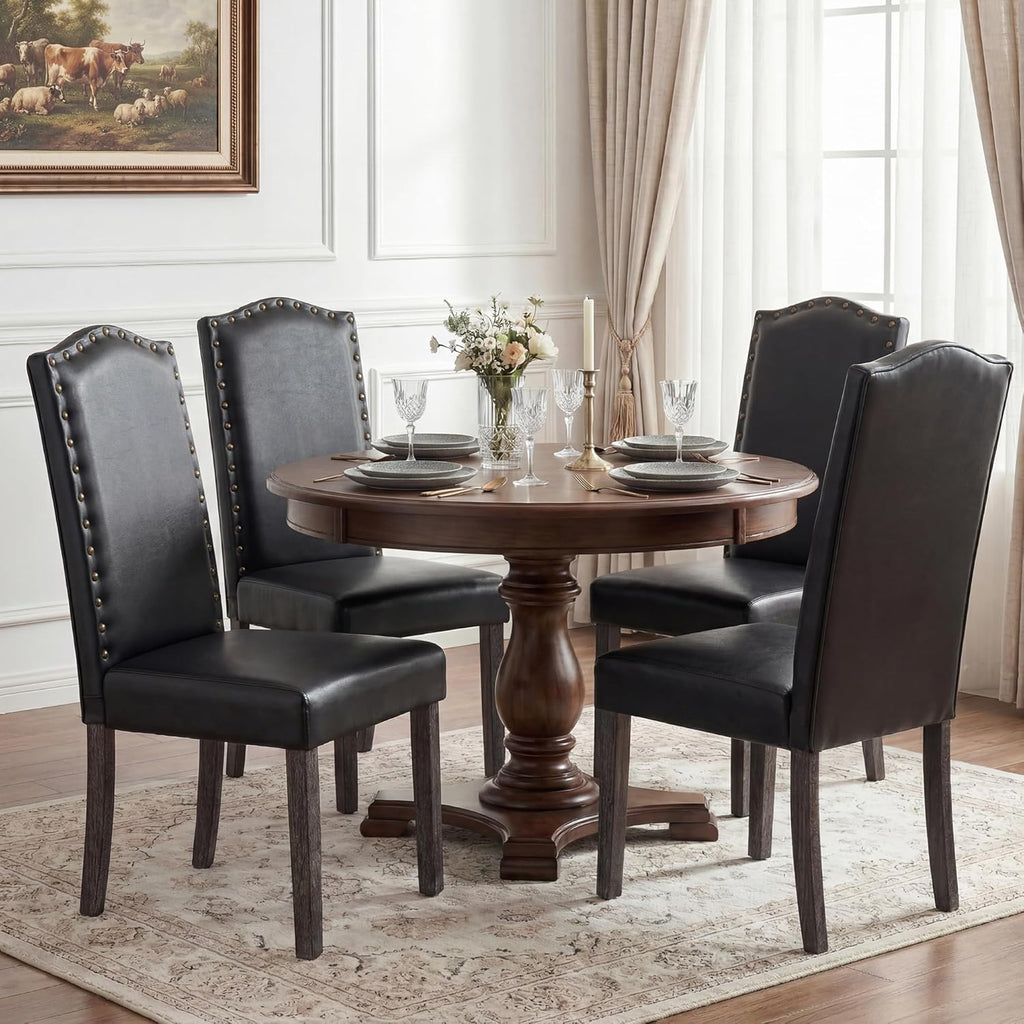 LSSBOUGHT PU Dining Chair Set of 2 Upholstered Parsons Kitchen Chair with Copper Nails and Solid Wood Legs for Dining Room,Restaurant(Black)