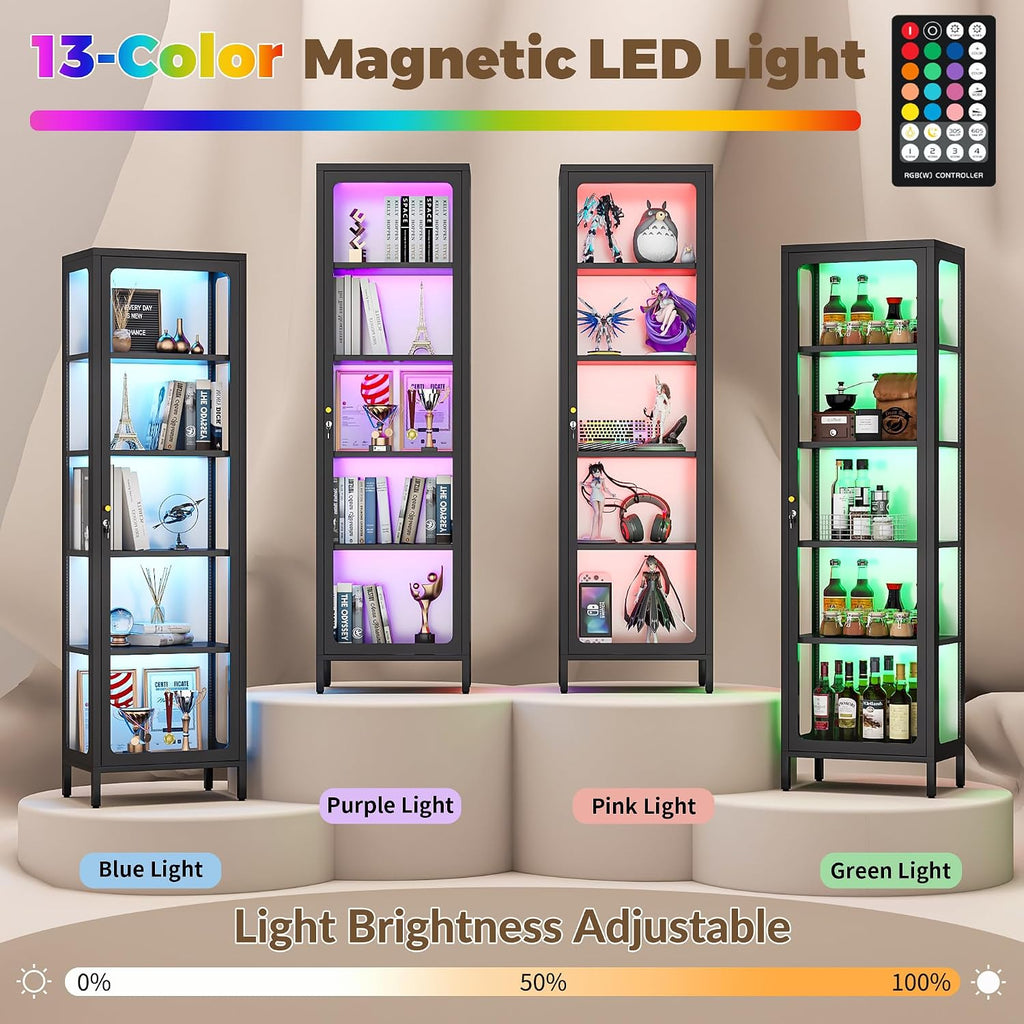 69" Glass Display Cabinet with Lock & 13-Color LED Lights, 5-Tier Locking Metal Cabinet with Adjustable Shelves, Secure Showcase for Collectibles, Action Figures, Trophies (Black)