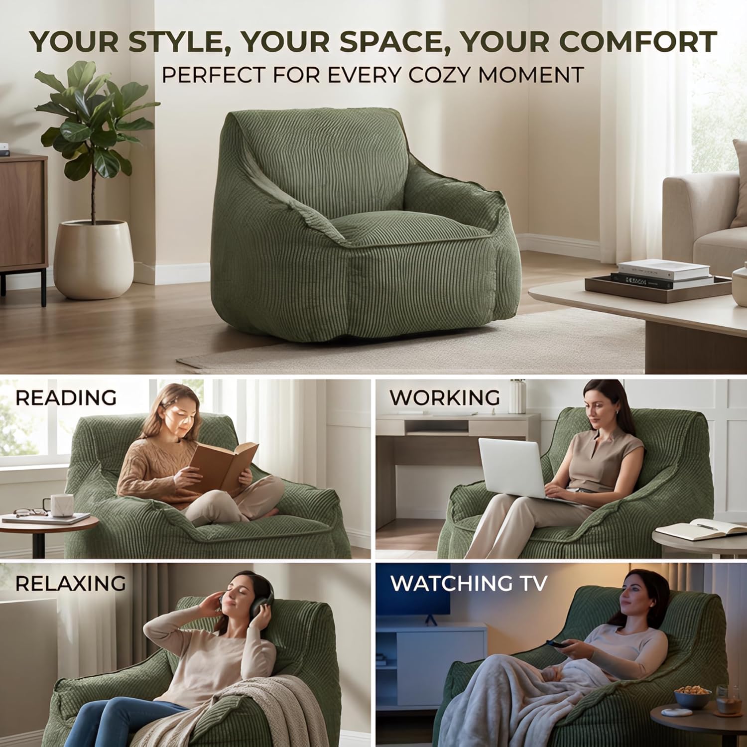 Bean Bag Chair for Adults and Kids with Armrests, High Back Corduroy Lounge Chair, Oversized Supportive Floor Sofa for Living Room, Bedroom, Dorm (Green)