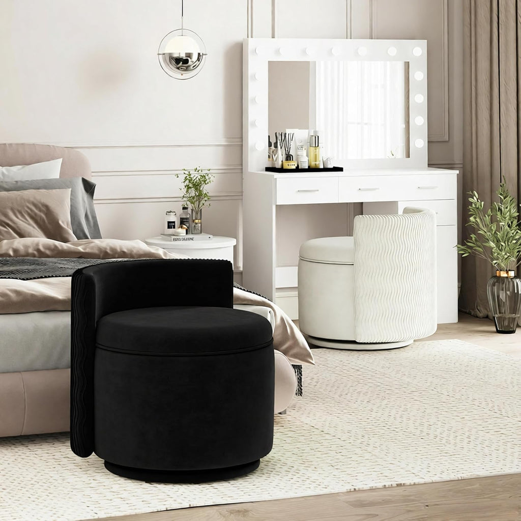 allamazing 360° Swivel Accent Chair with Storage, Vanity Stool with Back, Velvet Storage Ottoman, Upholstered Round Barrel Vanity Chair for Living Room, Makeup Room, Bedroom (Black)