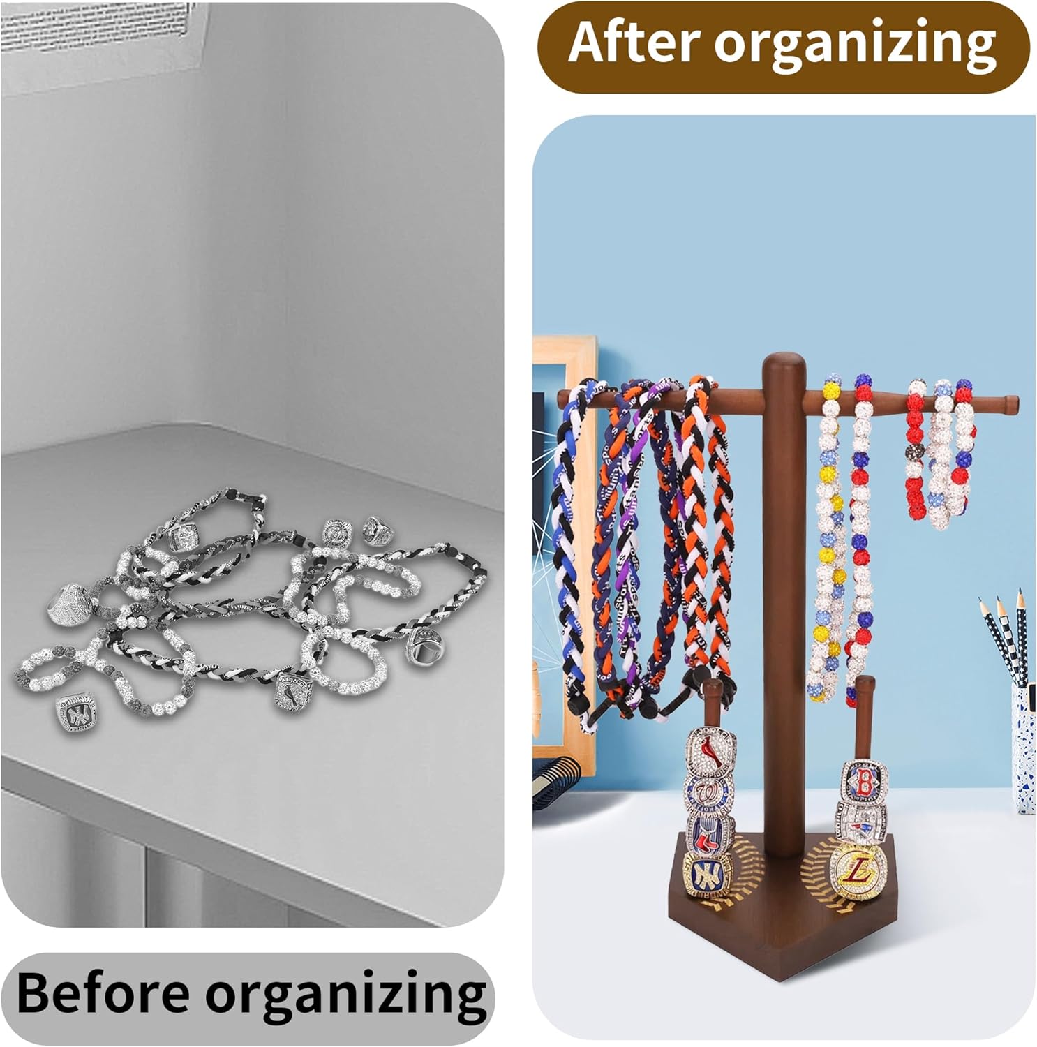 Baseball Ring Display Holder for Championship Rings & Necklaces, Wooden Sports Jewelry Organizer with Bat Stand for Baseball Softball Players, Athlete Gift Display Case for Rings Bracelets Medals