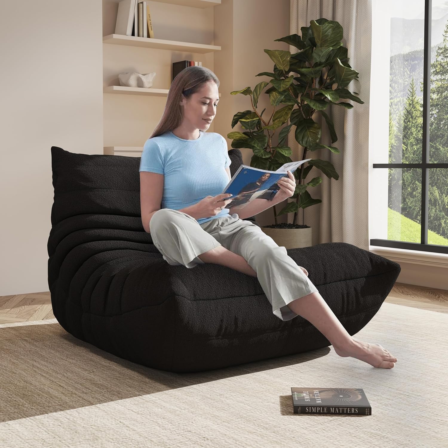 Giant Bean Bag Chair for Adults,Comfy Lazy Fireside Accent Chair with Memory Foam,Cozy Single Floor Sofa Couch Boneless Chaise Lounge for Living Room Bedroom Gaming Room(Black,1Seater)