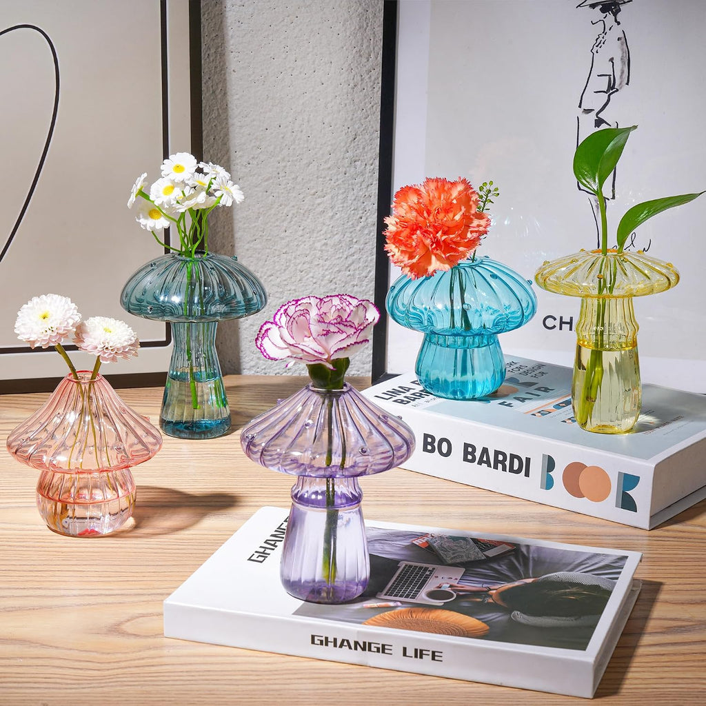 Mushroom Vase, Set of 10 Colored Flower Vase, Propagation Stations Vases, Small Bud Vases Home Decor Cute Glass Mushroom Planter for Room Office Decoration (10Pcs Colorful)