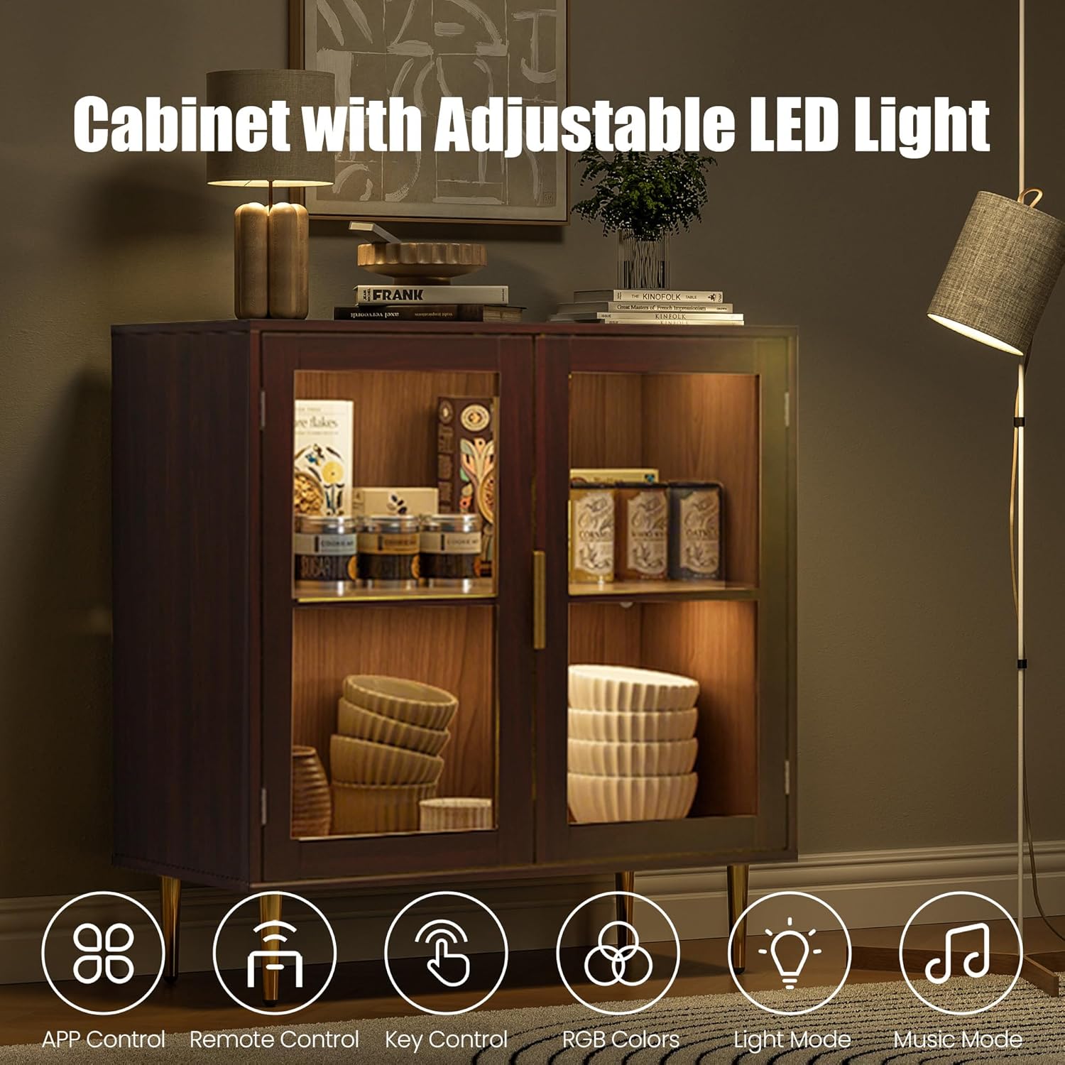 Housoul Buffet Cabinet with LED Lights, Sideboard Cabinet with 2 Doors Acrylic, 32" Modern Buffet Cabinet with Shelf, Coffee Bar Cabinet for Living Room, Kitchen, Walnut