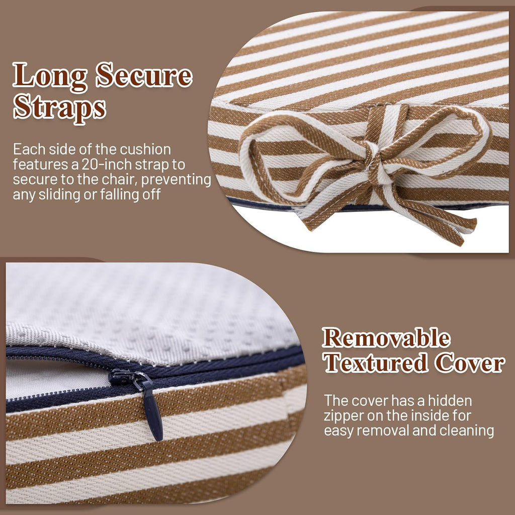 Brown Striped Winsor Chair Cushions with Ties, Dining Kitchen Chair Seat Pads Non Slip Removable Washable Cover 17"x16" Set of 2