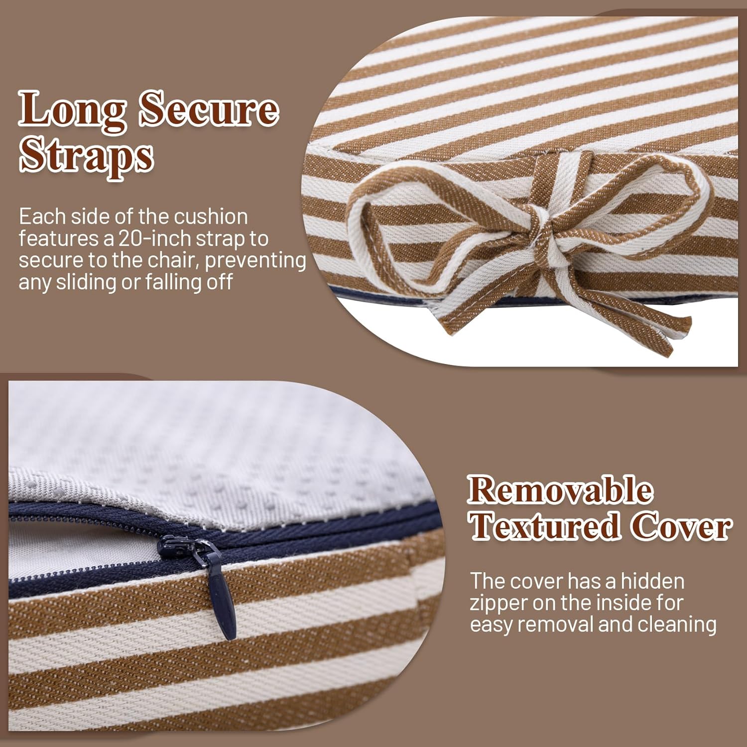 Brown Striped Winsor Chair Cushions with Ties, Dining Kitchen Chair Seat Pads Non Slip Removable Washable Cover 17"x16" Set of 2