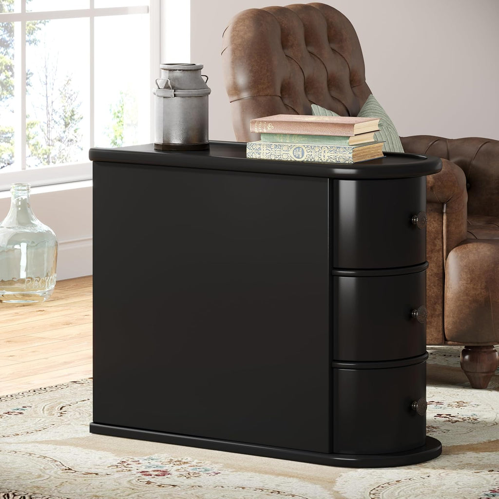 Wood End Table with 3 Drawers, No Assembly Required Narrow Sofa Side Table for Living Room, Vintage Slim Nightstand Bedside Table Bedroom (3 Drawers, Black, 2 Pcs)