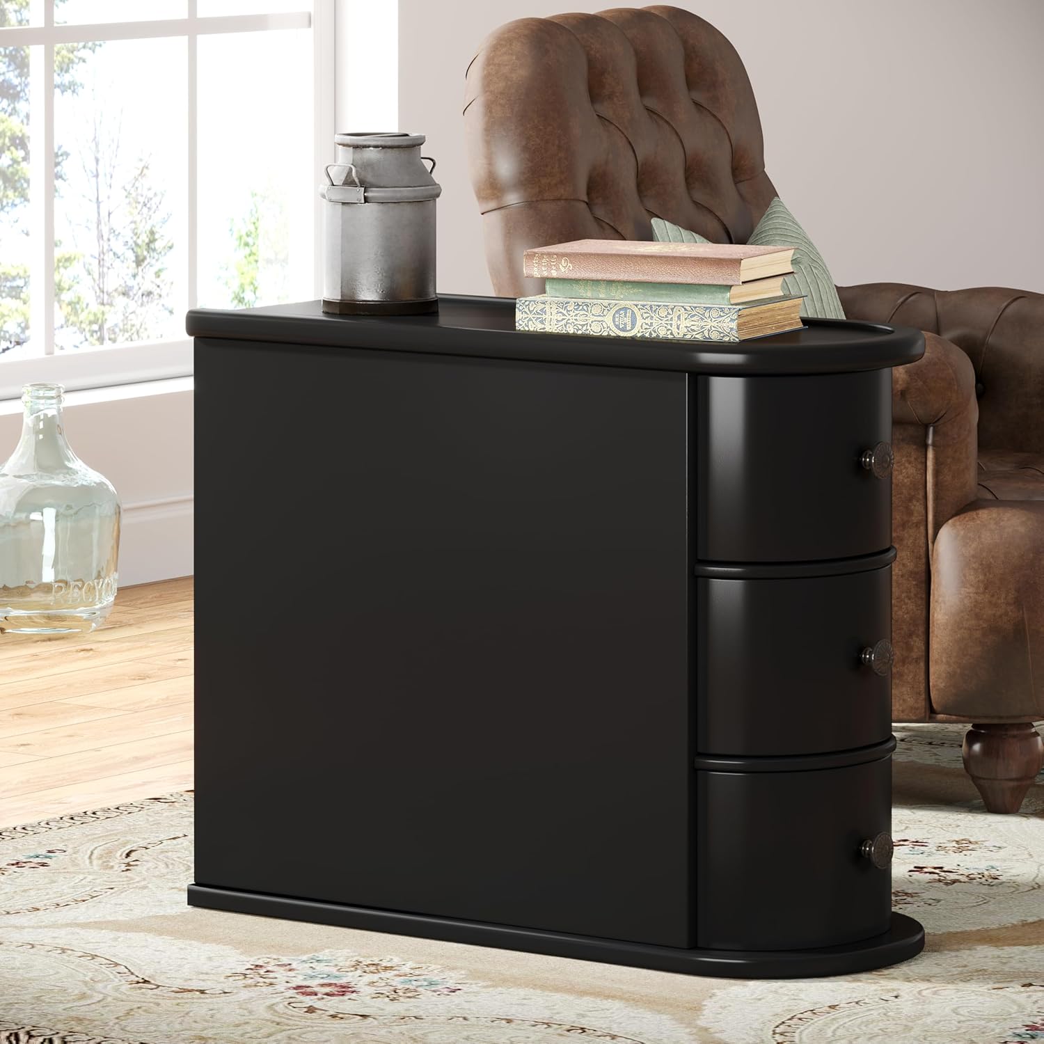 Wood End Table with 3 Drawers, No Assembly Required Narrow Sofa Side Table for Living Room, Vintage Slim Nightstand Bedside Table Bedroom (3 Drawers, Black, 2 Pcs)