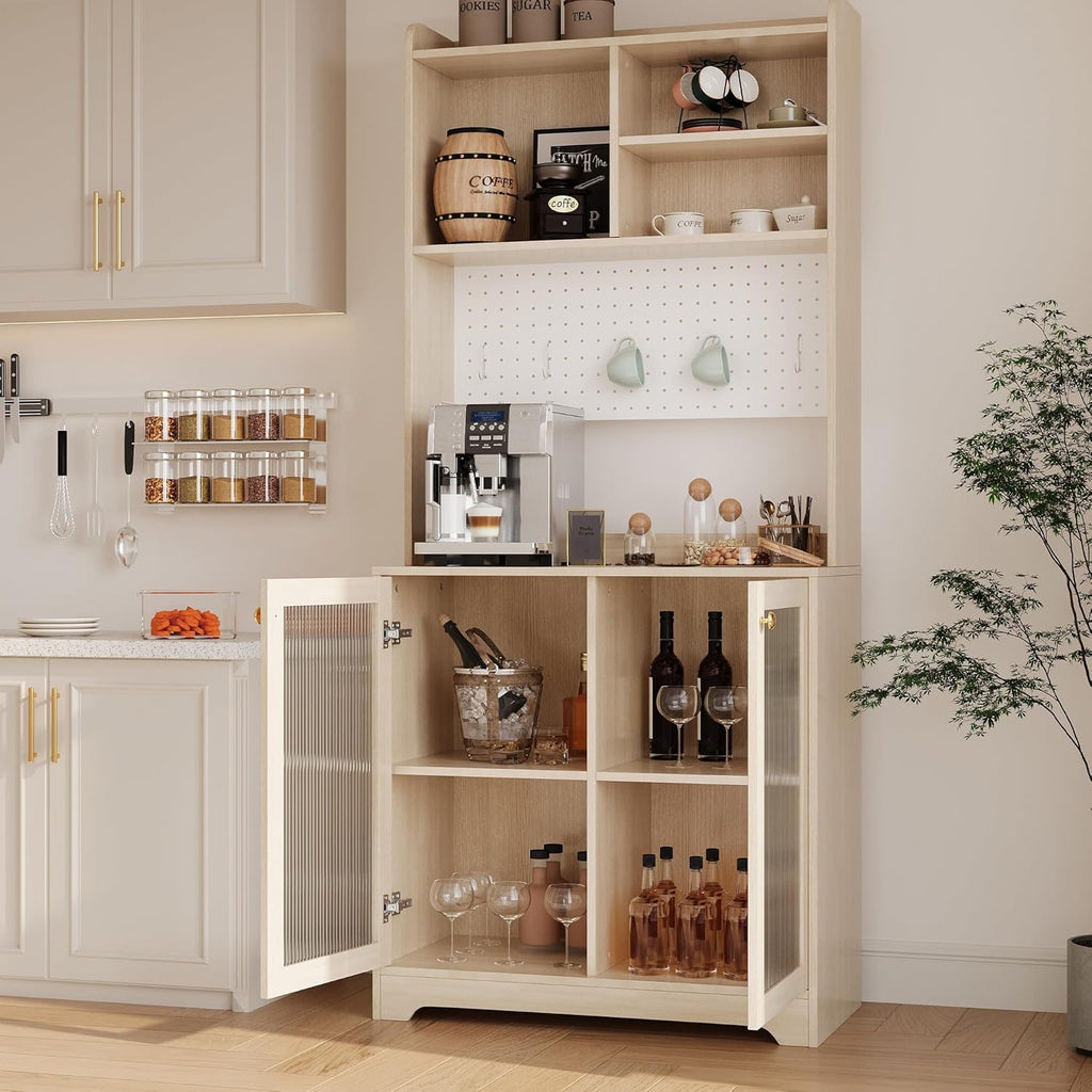 71" Tall Kitchen Pantry Cabinet with Glass Doors, Adjustable Shelves, Pegboard Hutch, S-Shaped Hooks, Freestanding Buffet Sideboard for Dining or Living Room – Wood Color