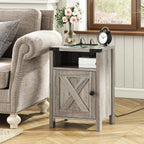 Fameill Farmhouse End Tables with Charging Station, Nightstand with Barn Door and Shelf, Rustic Living Room Bedroom Side Table, Wash Grey