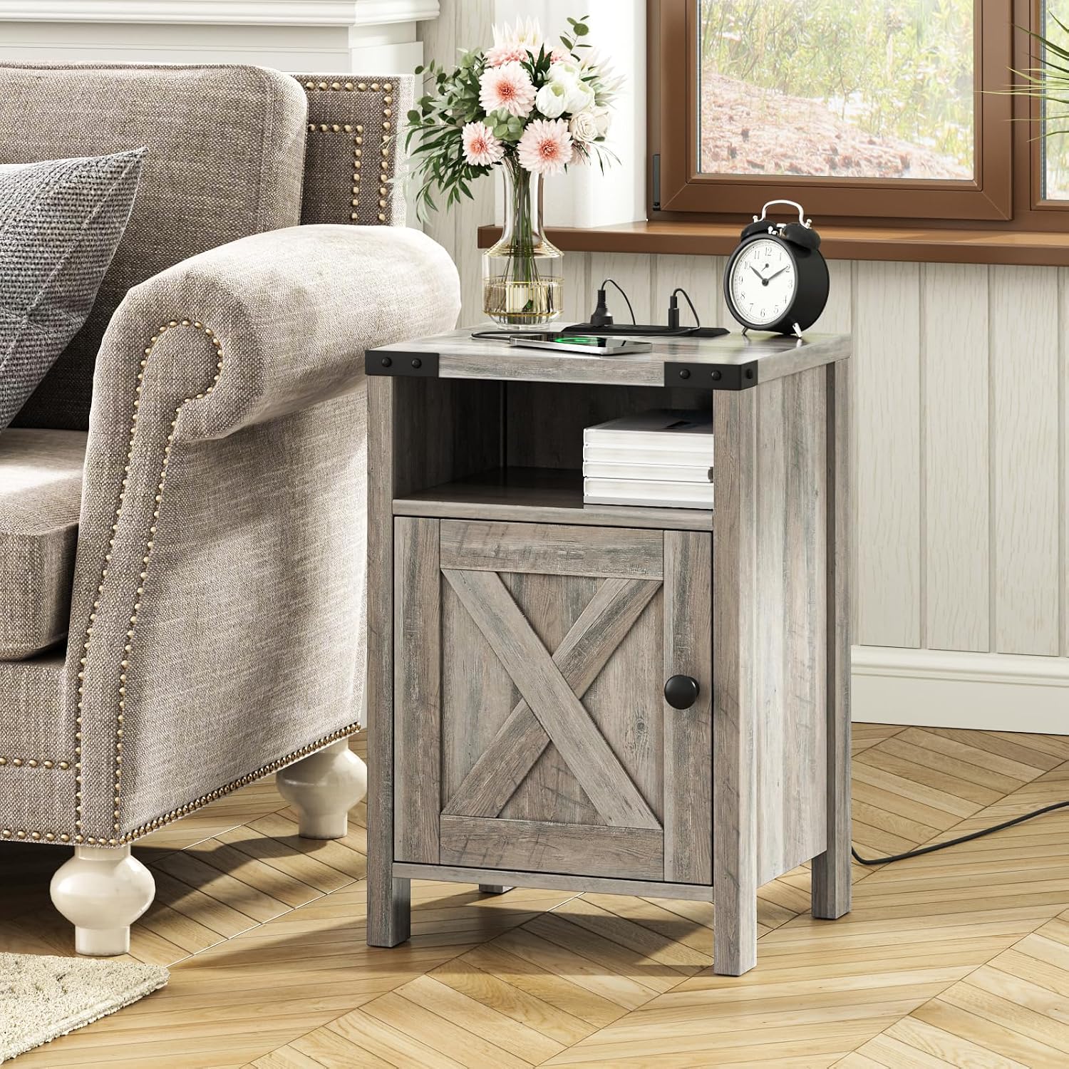 Fameill Farmhouse End Tables with Charging Station, Nightstand with Barn Door and Shelf, Rustic Living Room Bedroom Side Table, Wash Grey