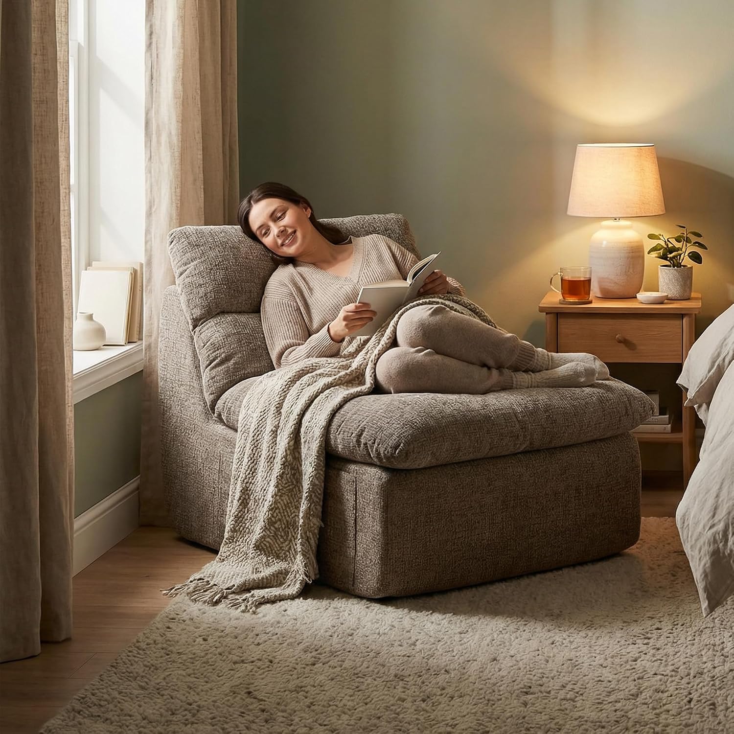 Furnimart Boneless Chair for Adults, High Density Foam Chair with Back Support, No Sagging Bean Bag Chair for Adult, Floor Lounger with Washable Chenille Cover, No Assembly (Taupe)
