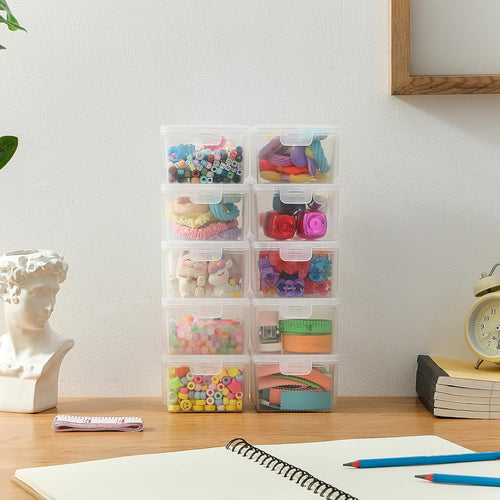 10 Pack Bead Organizer Box, Small Clear Plastic Containers with Lids – Craft Storage for Beads, Crayons, Stickers & Findings – Stackable Classroom Bins with Snap Lid – Clear Square Small