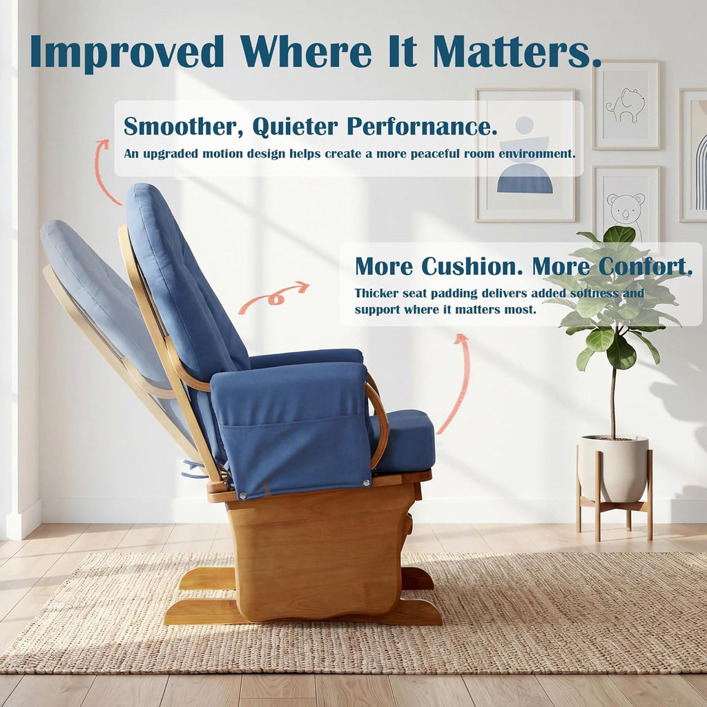 GUIDEWILL Nursery Glider Chair with Solid Rubberwood Frame, Smooth Gliding Rocking Chair for Baby Feeding or Daycare, Padded Foam Arm Rests, Side Storage Pockets, Blue