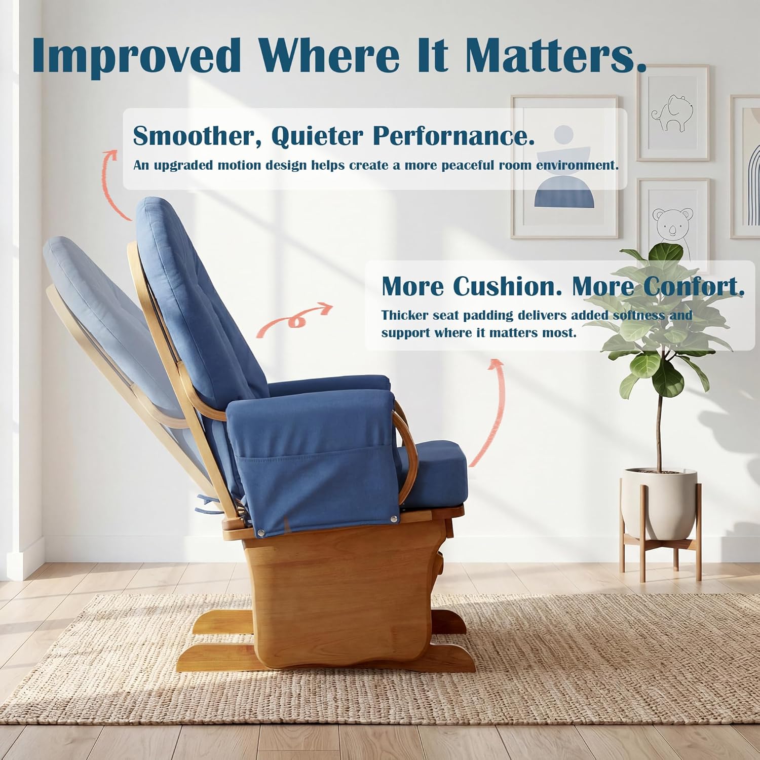GUIDEWILL Nursery Glider Chair with Solid Rubberwood Frame, Smooth Gliding Rocking Chair for Baby Feeding or Daycare, Padded Foam Arm Rests, Side Storage Pockets, Blue