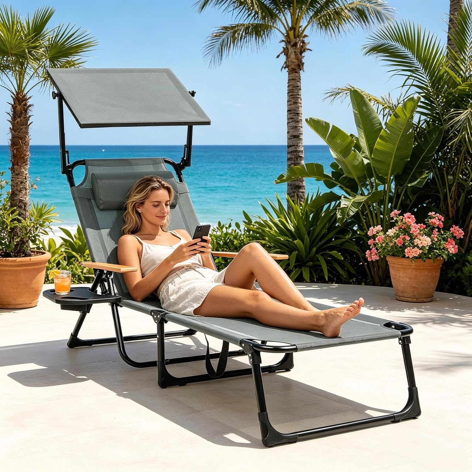 Foldable Chaise Lounge Chair Outdoor, 4-Position Reclining Outdoor Lounge Chairs with Wooden Armrest, Folding Sun Lounger with Removable Pillow for Garden Beach Patio Camp (Gray with Canopy)