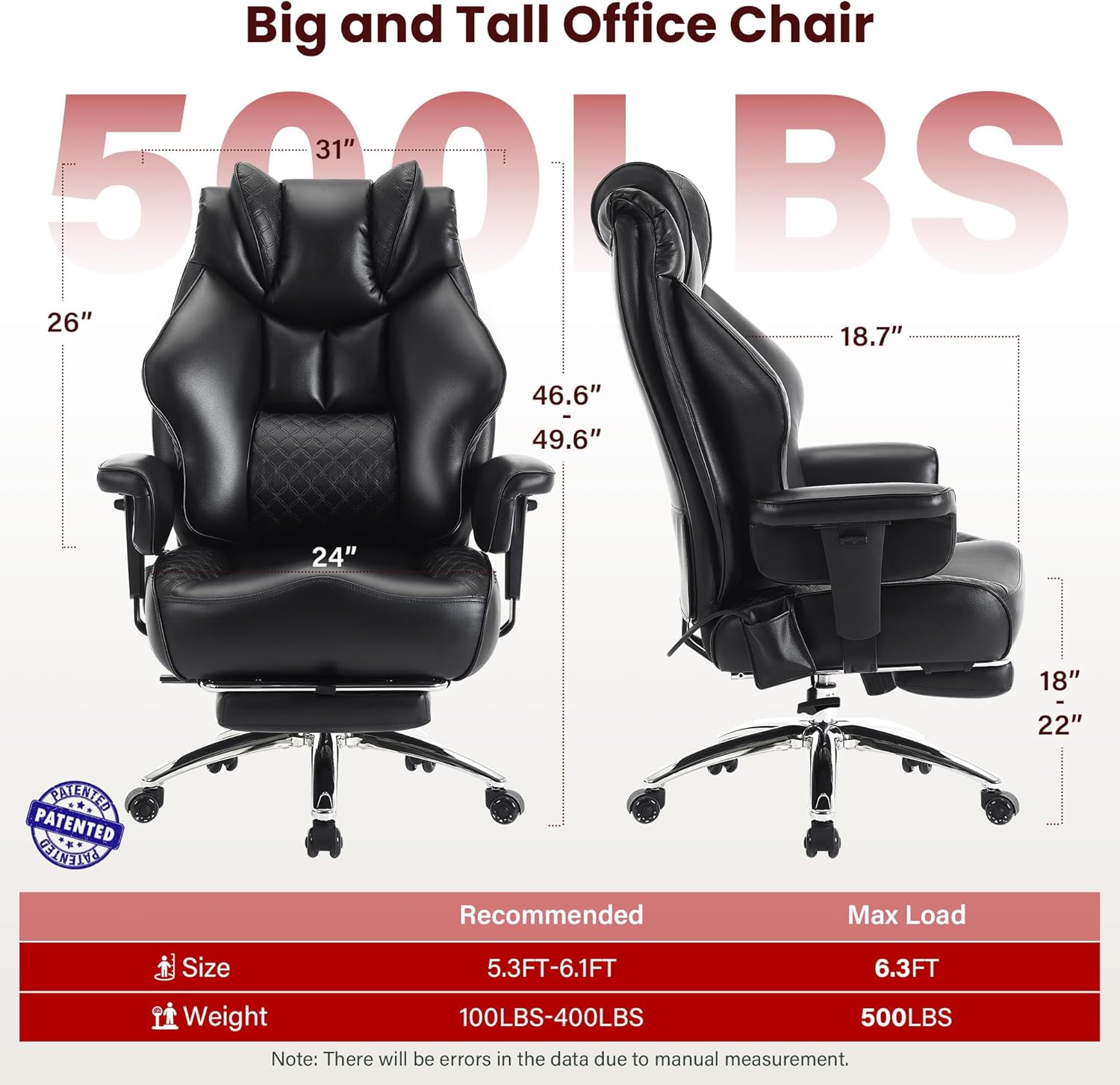 Clome 500lbs Big and Tall Office Chair Adjustable Lumbar Support for Back Pain, Extra Wide Seat Executive Office Chair Thick Armrest Pad, Heavy Duty Base Ergonomic Computer Desk Chair