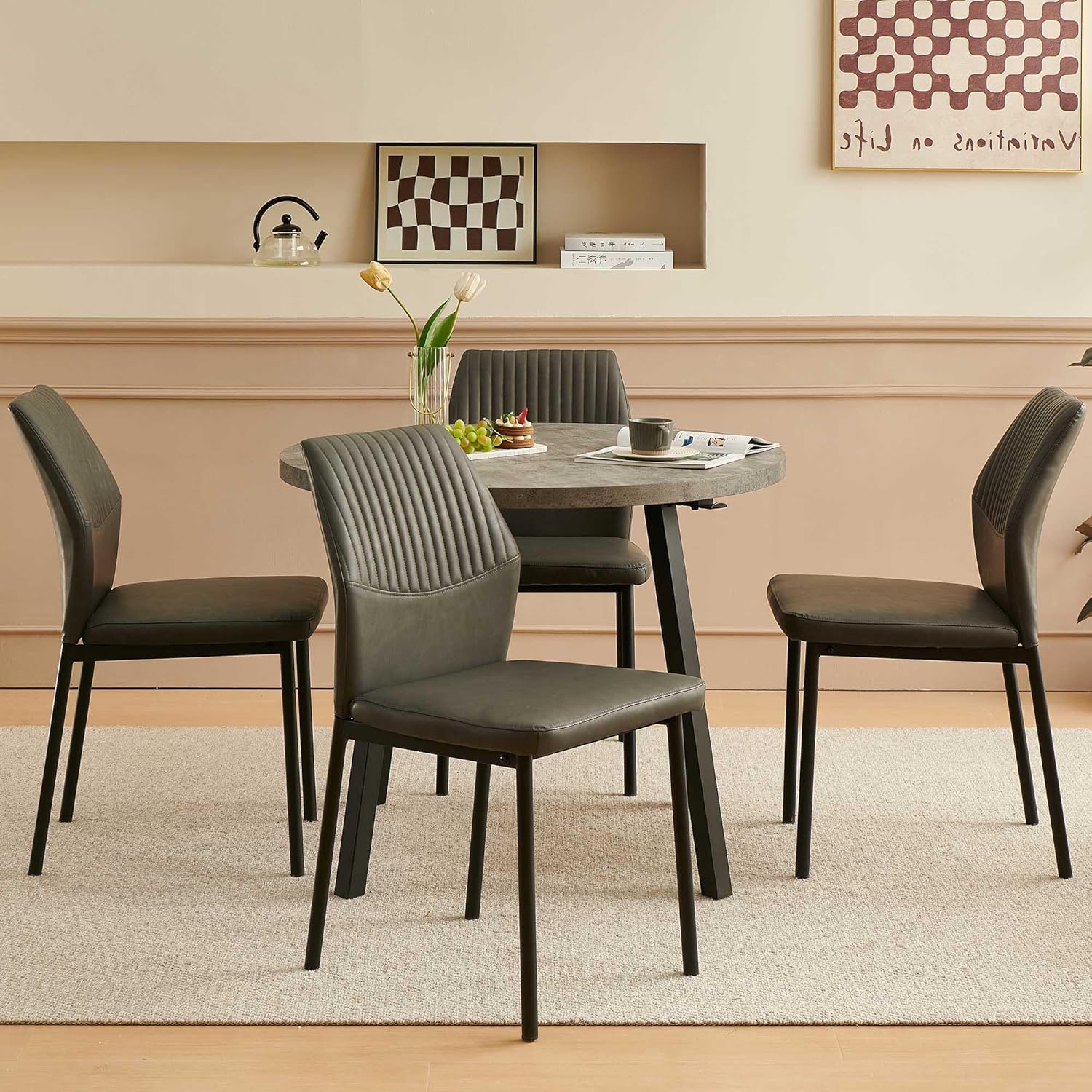 Dining Room Chairs Set of 4, PU Leather Seats with Black Metal Legs, Waterproof Chairs Set of 4 for Kitchen & Dining Room, 15-Min Assembly - Dark Grey