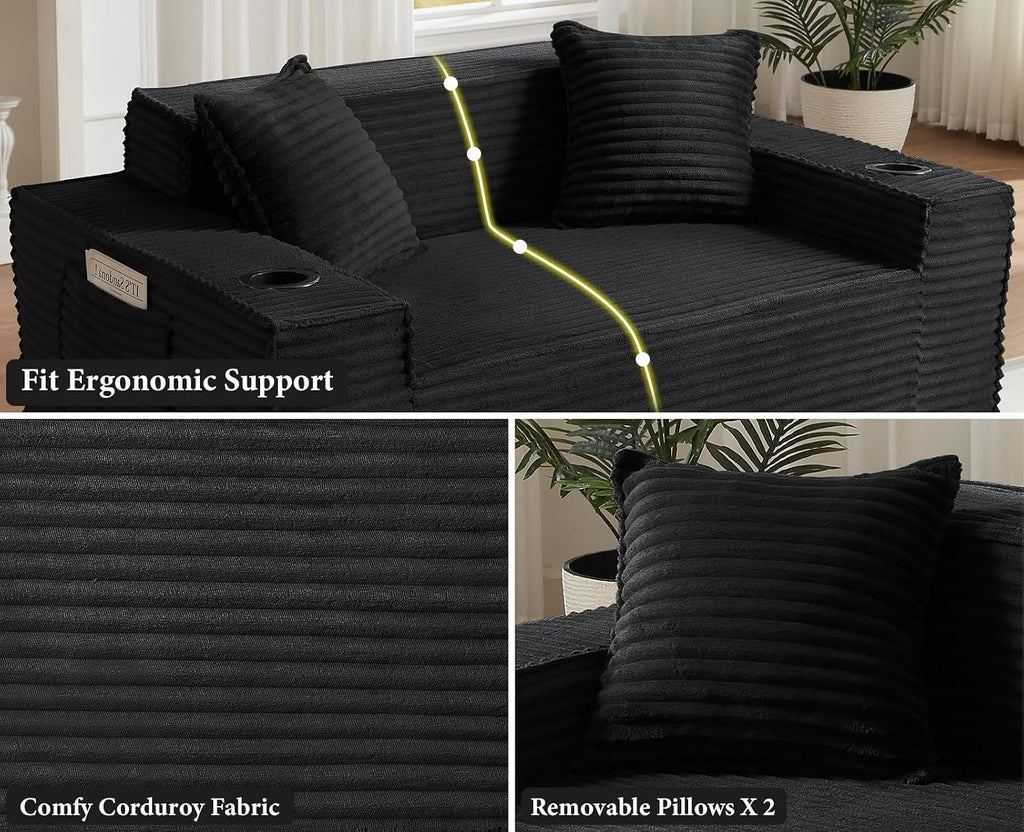 61” Boneless Loveseat Sofa, Comfy Corduroy Boneless Couch with Cup Holders & Storage Pockets, Deep Seat 2-Seater Cloud Couches for Small Space Living Room No Assembly Required, Black