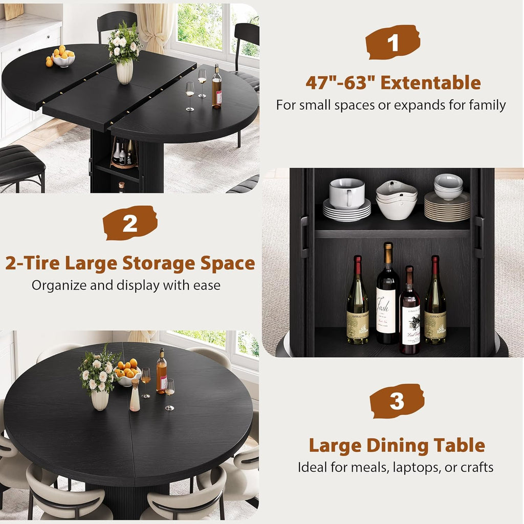 Jocoevol 47″–63″ Extendable Round Dining Table for 4–8 with Dust-Proof 2-Tier Storage Shelf Space-Saving Expandable Dining Room Table Wood Oval Circle Dining Table with Pedestal Base (Deep Black)