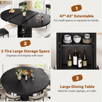 Jocoevol 47″–63″ Extendable Round Dining Table for 4–8 with Dust-Proof 2-Tier Storage Shelf Space-Saving Expandable Dining Room Table Wood Oval Circle Dining Table with Pedestal Base (Deep Black)