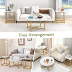 COSTWAY Coffee Table Set of 3, Round Faux Marble Coffee Table and 2 Square End Side Tables with Metal Frame, Modern 3-Piece Living Room Tables Set for Small Space, Apartment (White & Gold)