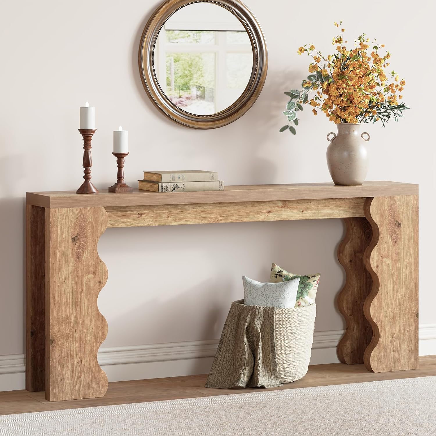 karlott 70.9" Farmhouse Entryway Table, Wood Console Table ，Behind Couch Table, Extra Long Sofa Table, Wavy Edge Design Console Table for Entryway, Entrance, Hallway, Forey, Living Room, Natural