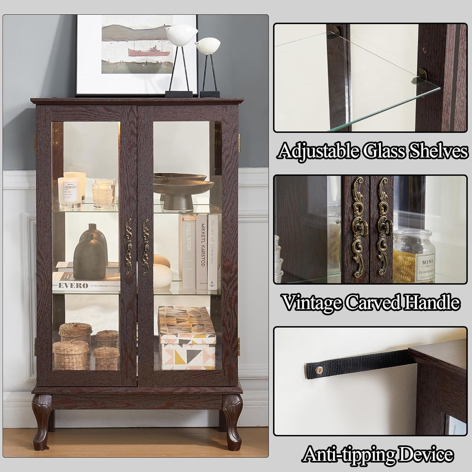 43" H Lighted Glass Curio Display Cabinet, 3-Tier Glass Storage Cabinet Curio Showcase with Adjustable Shelves,Wine Artwork Storage Rack with Mirrored Back Panel for Living Room (Dark Cherry)