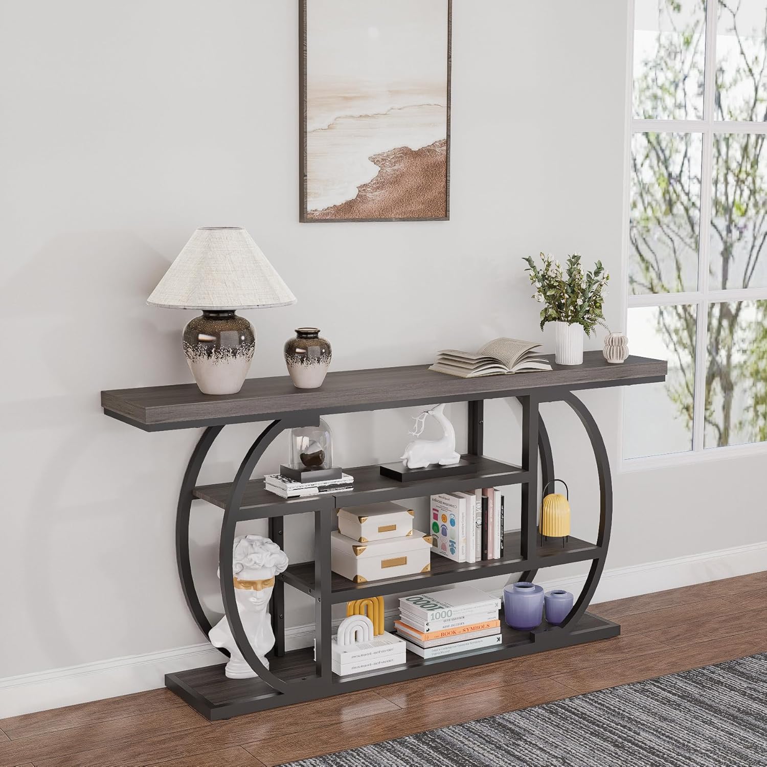 63” Industrial Console Table with 4-Tier Display Shelves, Narrow Long Sofa Table Behind Couch, Entryway/Hallway/Foyer Accent Table with Metal Frame for Living Room (Gray) (Grey)