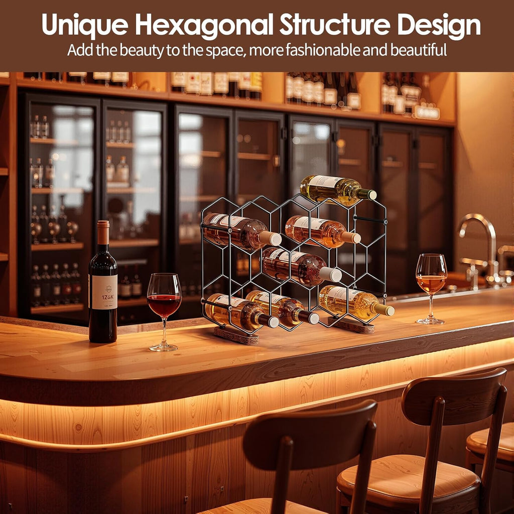 Nuovoware Countertop Wine Rack, 14-Bottle, 3 Tier, Black+Brown | Wine Bottle Organizer Storage, Freestanding Modern Carbon Steel Holder, Hexagonal Structure, for Cabinet, Pantry