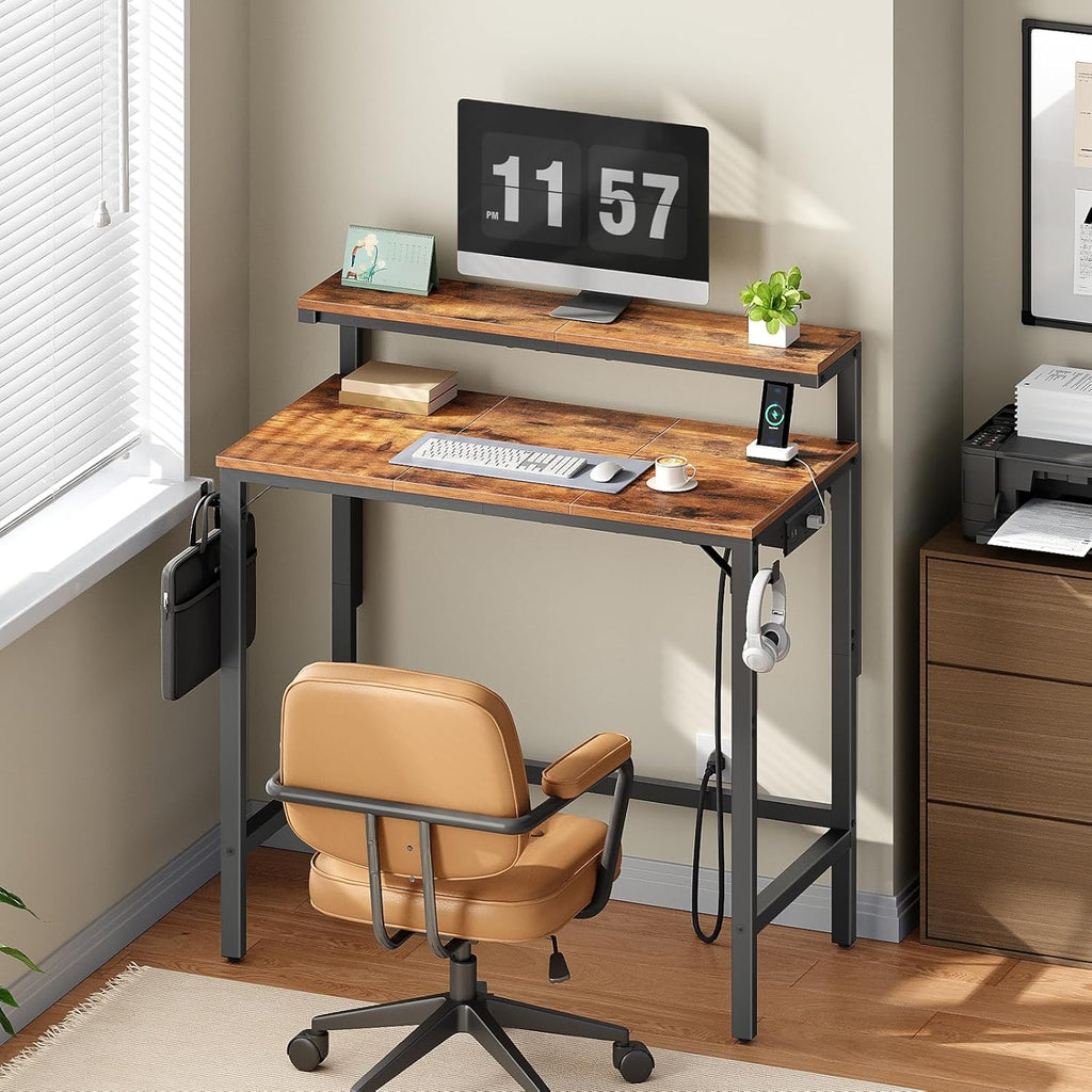 HOOBRO Small Computer Desk, 28.3" Desk for Small Spaces, Office Desk with Power Outlet & Adjustable Monitor Stand, Compact Desk with Storage, Writing Table for Bedroom, Office, Rustic Brown BF38UDN01