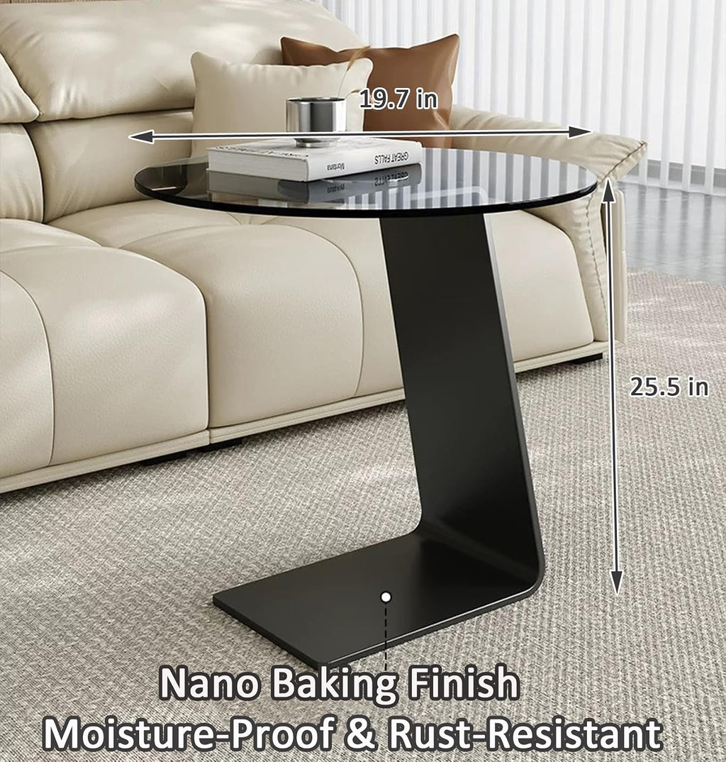 Modern C-Shaped End Table, Tempered Glass Tabletop Couch Side Table, Black Round C Table for Living Room, Bedroom, or Sofa Side – Stylish Accent Table (Grey)