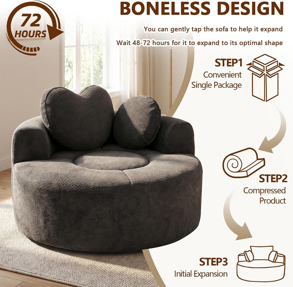 (New) Round Boneless Chair Lounger Indoor, Circle Couch With 2 Pillows for Living Room, Cozy Cuddle Chair In a Box With Curved Armrest And Backrest, Heart Shaped, No Assambly Needed (Gray Black)