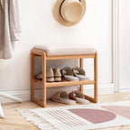 Entryway Shoe Bench with Cushioned Seat, Natural Wood, 2-Tier Storage Shelf, 23.62 x 11.81 x 16.54 in