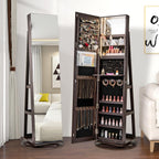 CHARMAID 360° Swivel Jewelry Armoire with Full Length Mirror, Rear Storage Shelves, Lockable Standing Jewelry Cabinet Organizer with Interior Vanity Mirror and 3-Color Lights (Espresso)