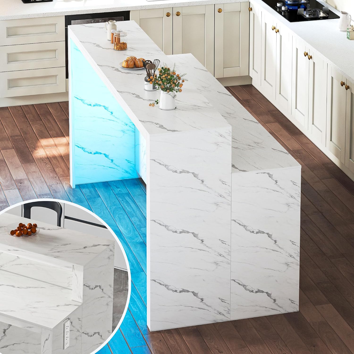 71" Large Faux Marble Dining Table with LED Lights, Modern Rectangle Kitchen Island Table with Charging Station for 6 People, Home Bar Unit with 2-Tier Shelf for Dining Room, Bar, Living Room, White