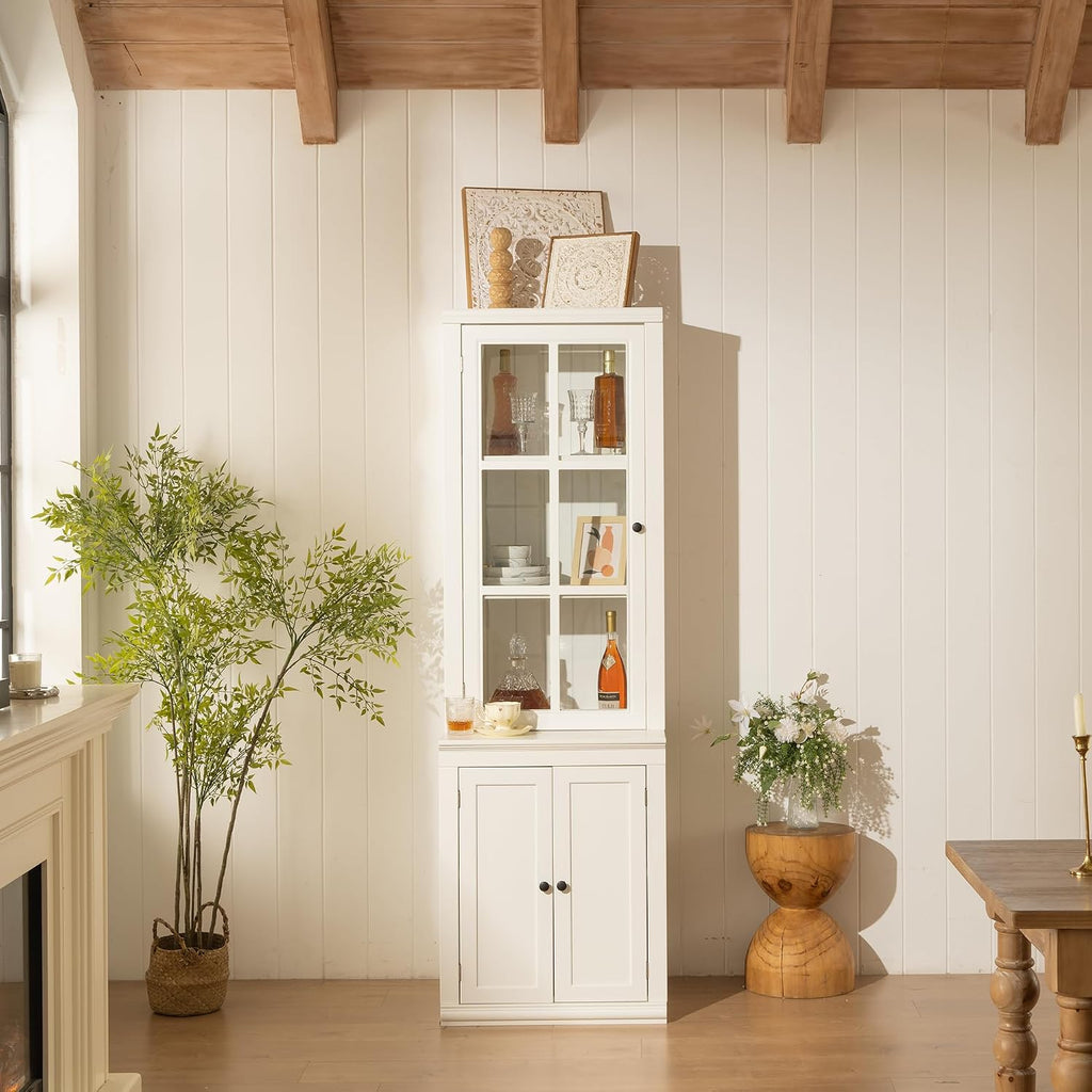 roomfitters 75.25'' Tall Pantry Cabinet with Glass Door, Farmhouse Hutch Display Cabinet with Storage for Kitchen, White