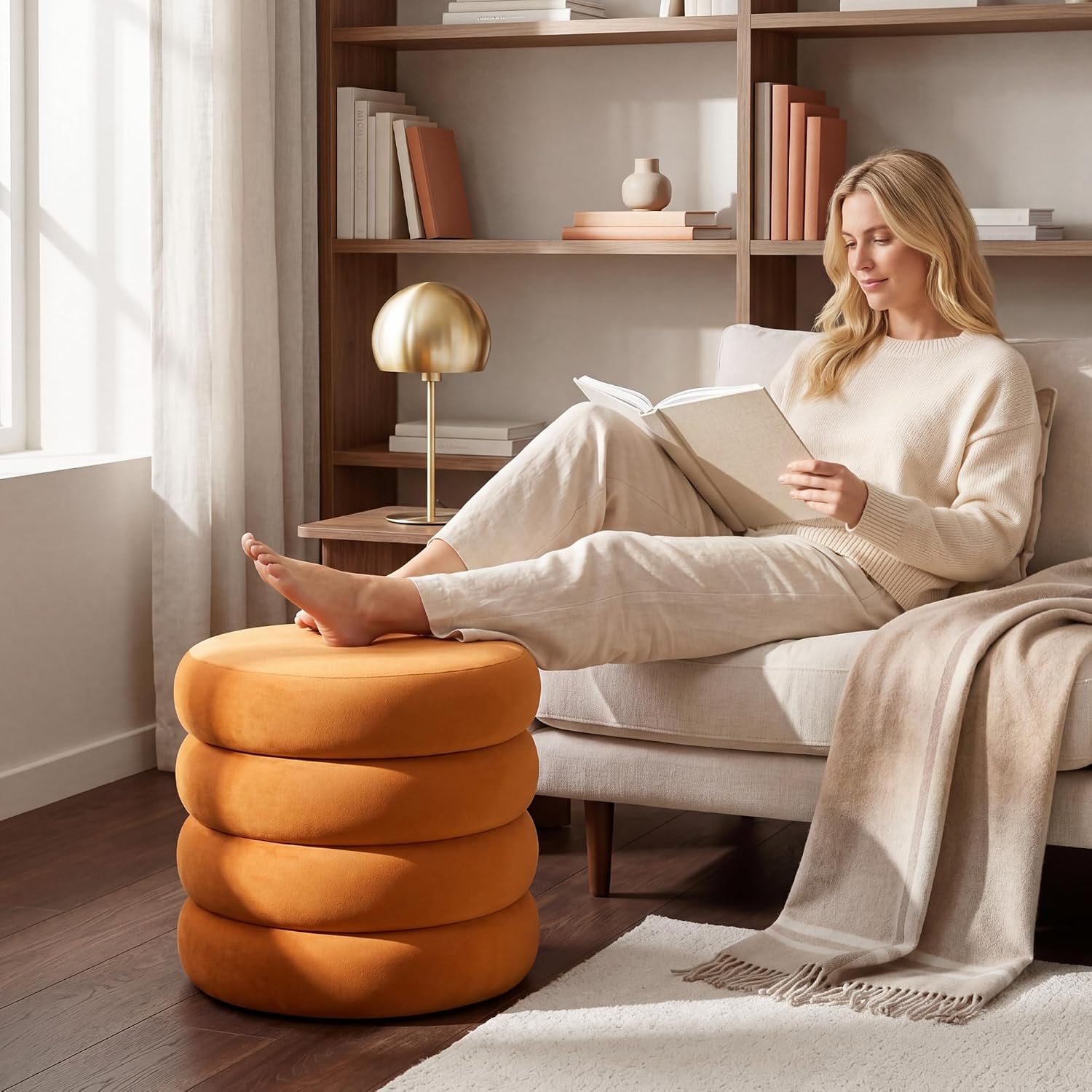 Compact Round Ottoman with Storage, Small Velvet Vanity Stool for Dorm, Modern Tufted Circle Ottoman with Removable Lid for Entryway and Lounge, Orange
