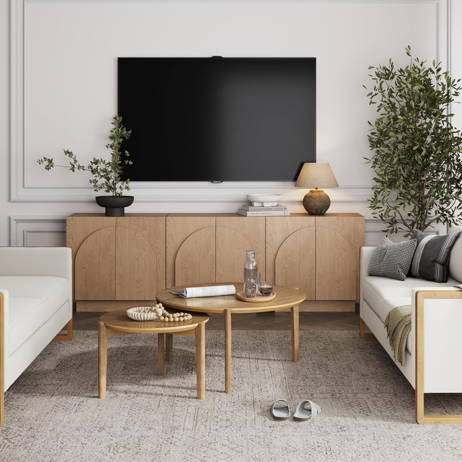 Nathan James Iris Mid-Century Modern Credenza, Brown TV Stand, Living Room Wood Storage Cabinet with Arched Cabinet Doors, Raw Oak, Set of 3